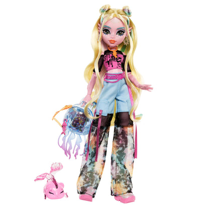 Monster High Lagoona Blue doll in mesh T-shirt and cargo pants with pet fish Neptuna and accessories like backpack, snacks, and notebook, HXH75