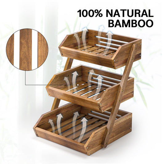 CALM COZY 3-tier Fruit Basket Wood, Decorative Fruit Basket Organizer, Vegetable Bread Storage Holder for Countertop Kitchen