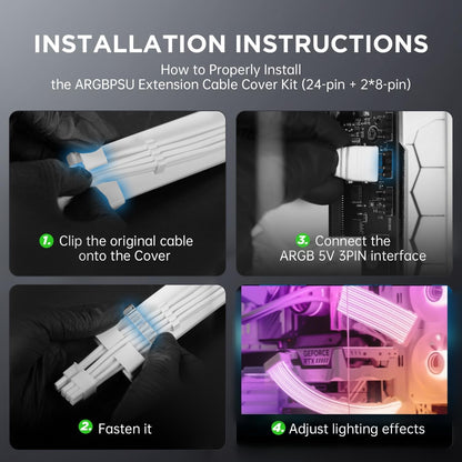 AsiaHorse ARGB PSU Cable Cover Kit, Aurora RGB Power Extension Cable Cover Kit for Motherboard and GPU PC Cables, 5V 3Pin ARGB SYNC, Compatible with 12+4-Pin/8-Pin/24-Pin Cables AURORA-CO-WH
