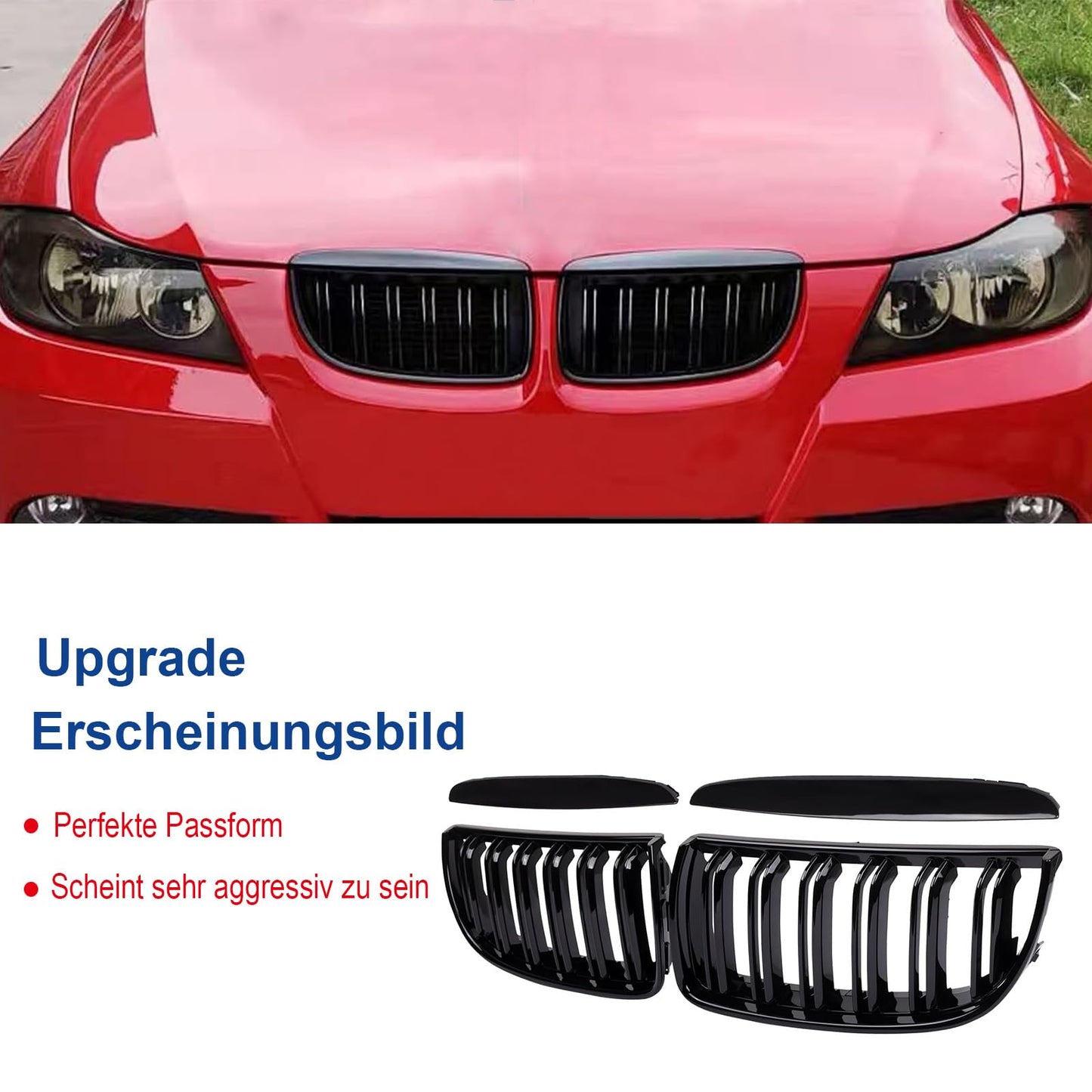 Gangying E90 kidney grills in black for BMW 3 series E90 E91 2005-2008. Gloss black, double slat, sport style grills for E90 sedan and E91 touring.