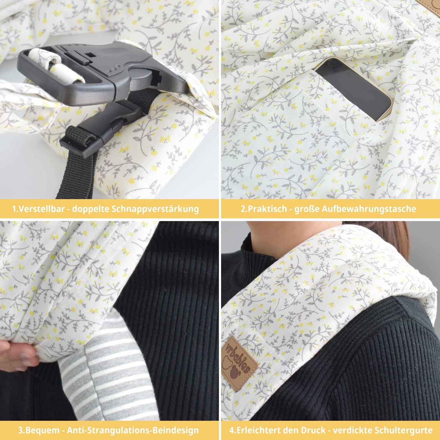 vrbabies Baby Carrier, Baby Sling Front Carrier from Newborn to Toddler, New upgrade adjustable baby carrier on one shoulder for babies 0-24 months up to 40 lbs (Small yellow flower)