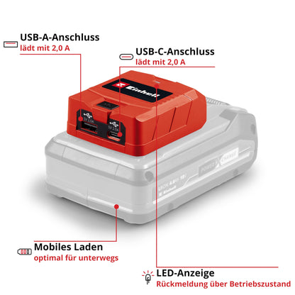 Einhell USB Battery Adapter TC-CP 18 Li USB A/C-Solo Power X-Change (18 V, mobile charging of smartphone, tablet and more, 1x USB-A port, 1x USB-C port, without battery)