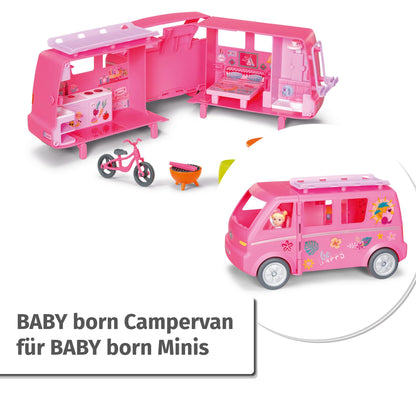 BABY Born, doll vehicle, fold-out caravan & Minis playset furniture set with wardrobe, clothes rail, bassinet, and changing table, 906163 Zapf Creation