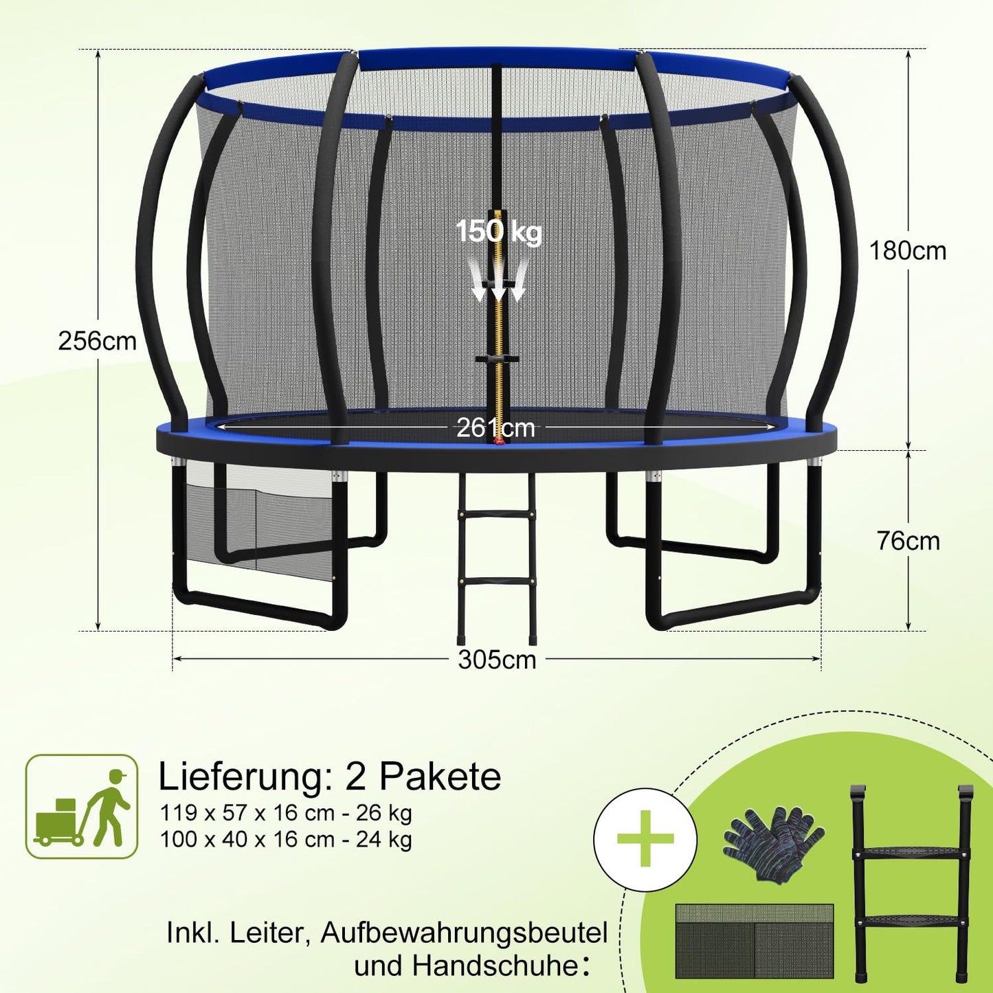 Devoko Trampoline Outdoor Ø 228/305/366/427 cm, GS certified, Kids trampoline with safety net, Round giant trampoline with ladder and shoe bag