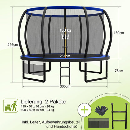Devoko Trampoline Outdoor Ø 228/305/366/427 cm, GS certified, Kids trampoline with safety net, Round giant trampoline with ladder and shoe bag
