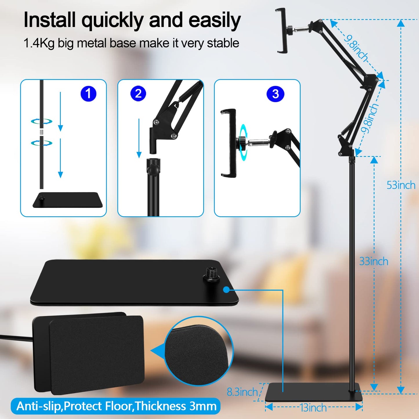 Tablet floor stand, adjustable, universal, 360 degree rotatable, metal tablet holder, phone stand for iPad/iPhoneX/iPad Pro or other 4.5-13 inch devices (black)