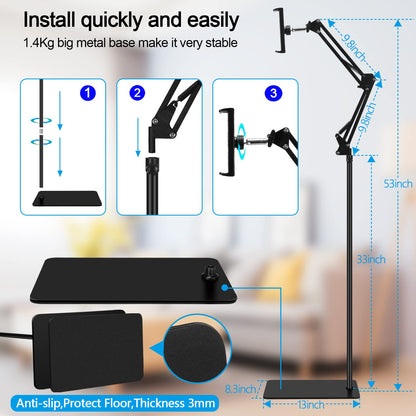 Tablet floor stand, adjustable, universal, 360 degree rotatable, metal tablet holder, phone stand for iPad/iPhoneX/iPad Pro or other 4.5-13 inch devices (black)