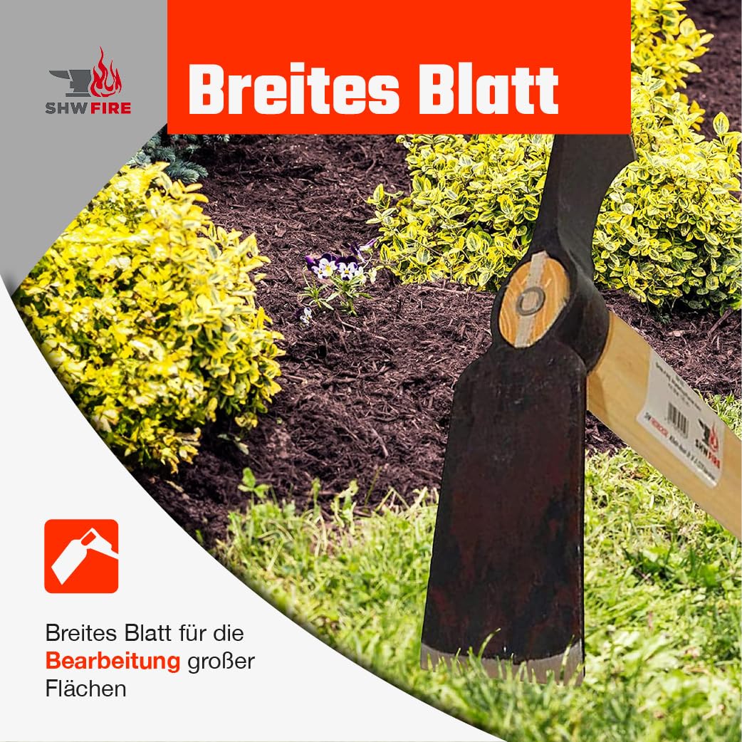 SHW-FIRE | Small woodpecker hoe with wide blade, hand-forged special steel, 135 cm ash wood handle, garden hoe as garden tool & root remover - Hoe with handle | Made in Germany
