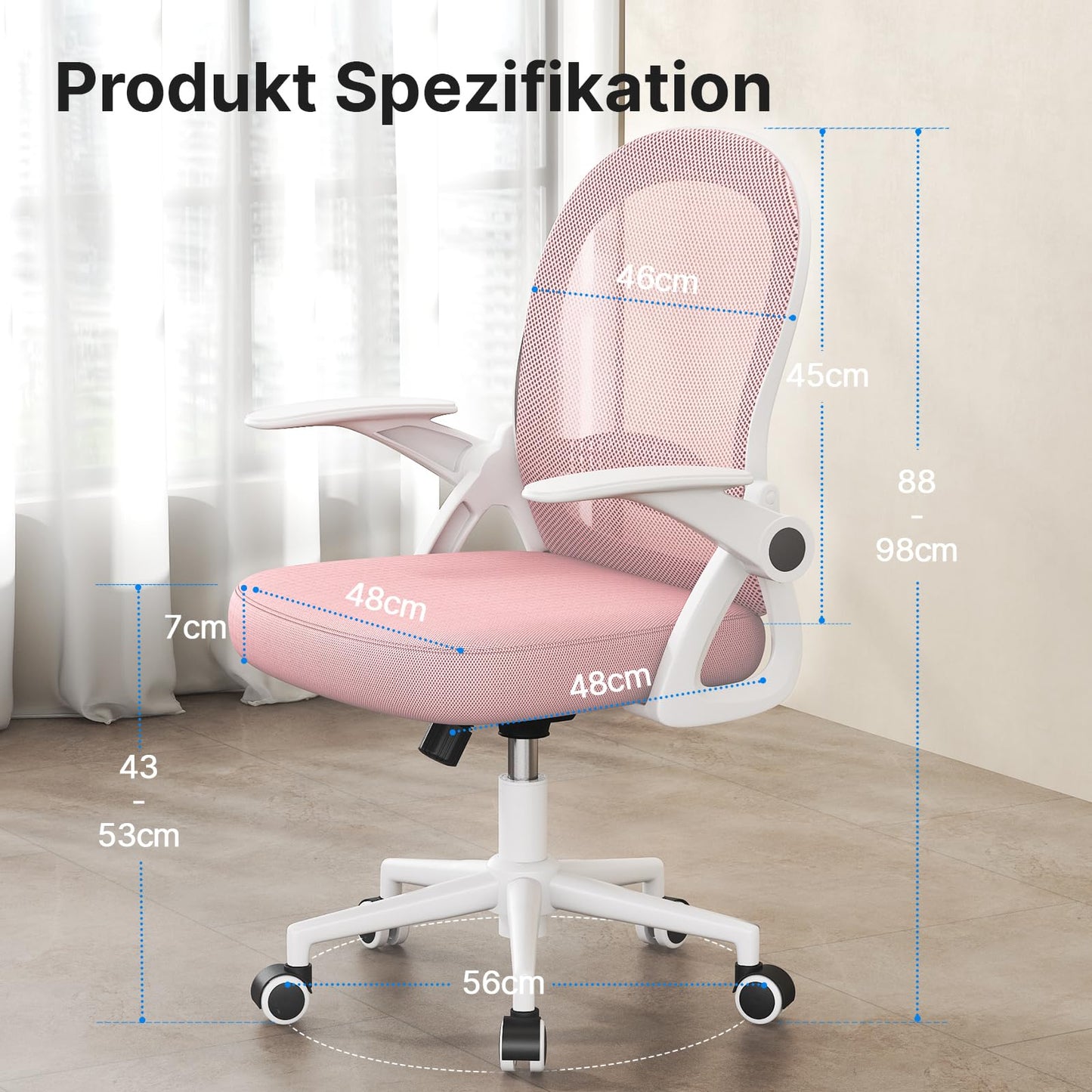 Rattan tree Ergonomic Office Chair, Desk Chair with Breathable Backrest, Height Adjustable, Mesh Chair with Foldable Armrests, Computer Chair, 360° Swivel Chair for Office, Home, Pink.
