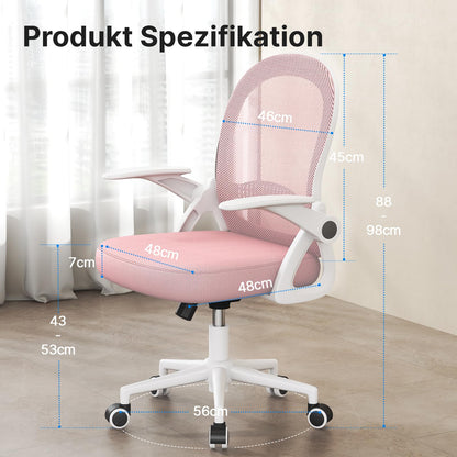 Rattan tree Ergonomic Office Chair, Desk Chair with Breathable Backrest, Height Adjustable, Mesh Chair with Foldable Armrests, Computer Chair, 360° Swivel Chair for Office, Home, Pink.