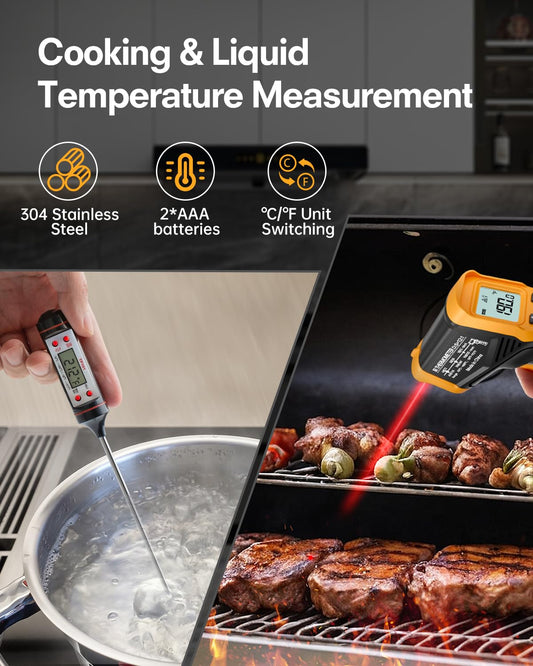Eventek Infrared Thermometer, -50°C ~ 600°C temperature measurement device digital infrared thermometer with max/min, laser thermometer with 304 meat thermometer, for kitchen, pizza oven, oven, not for humans