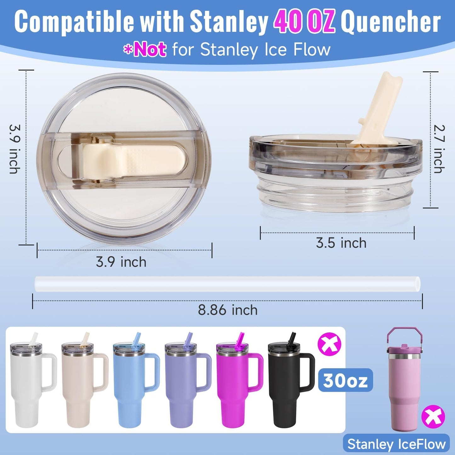 ROMANVIC Stanley Cup Lid Leak Proof, 2 Pack Removable Replacement Lids for 40oz Tumbler with 2 Straws, 1 Straw Brush and 1 Disassembly Tool, Reusable Lid Stanley Cup Seal