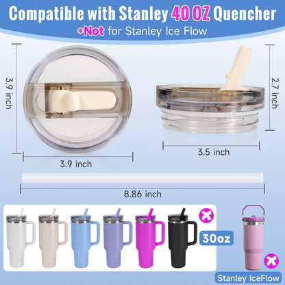 ROMANVIC Stanley Cup Lid Leak Proof, 2 Pack Removable Replacement Lids for 40oz Tumbler with 2 Straws, 1 Straw Brush and 1 Disassembly Tool, Reusable Lid Stanley Cup Seal