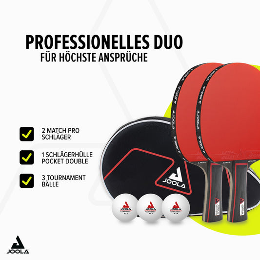 JOOLA Table Tennis Set Duo PRO includes 2 paddles, 3 balls, and a cover in red/black, 6 pieces total.