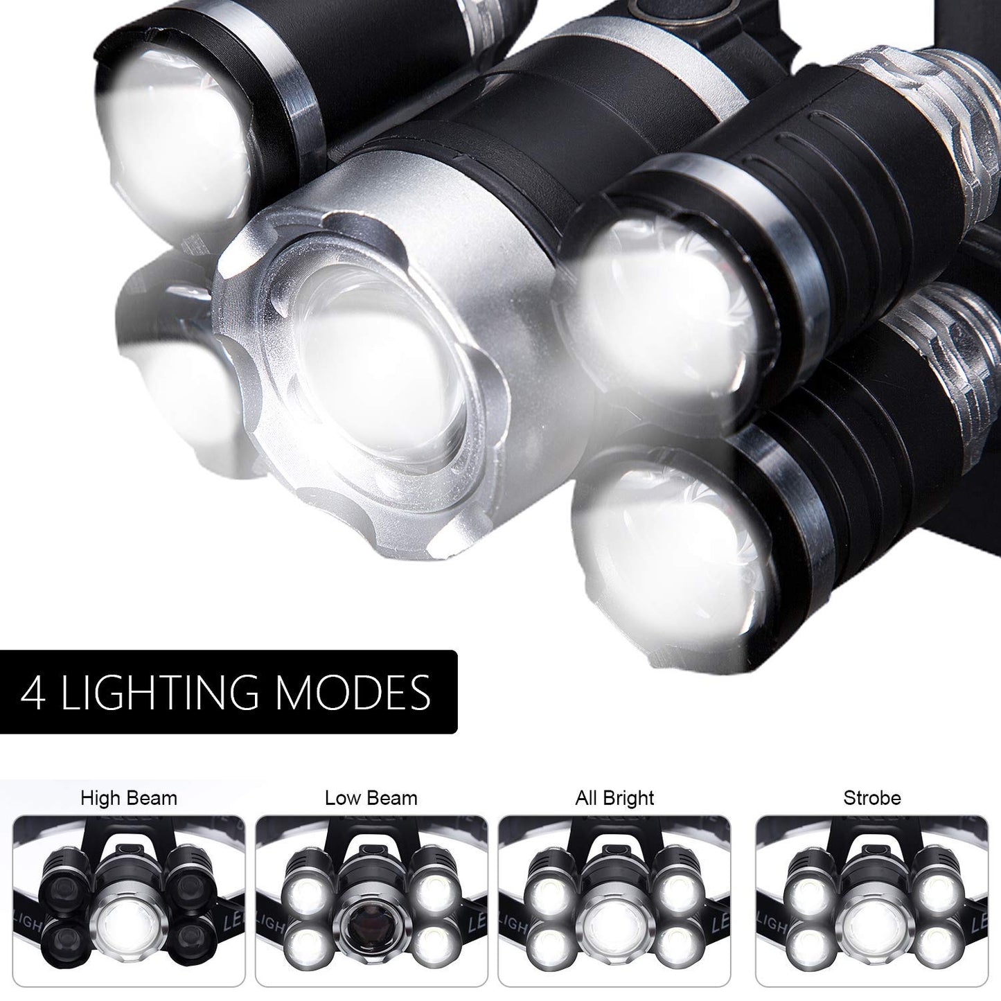 Lavcus LED Headlamp Super Bright, Headlight 12000 Lumens 5 LED 4 Modes incl. USB Cable with 18650 Battery, Ideal For Rescue Camping Fishing Climbing Hiking