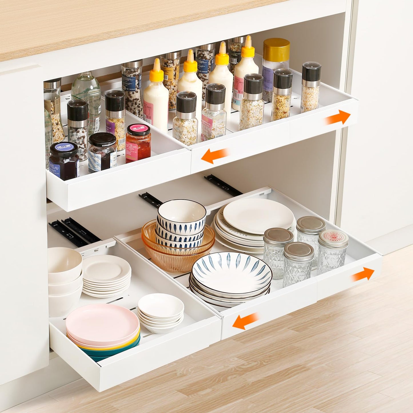 Telescopic Drawer, Expandable Drawer Organizer, Carbon Steel Extendable Drawer Storage Shelves, Smooth Sliding Basket Pull-Out Kitchen Cabinet (White, Expandable Width 43-68cm)