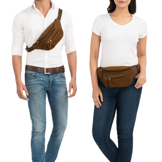 STILORD 'Greg' Vintage leather fanny pack waist bag for men and women - perfect for travel, festivals, and outdoor activities - modern genuine leather belt bag with large adjustable strap in Veleta brown color.
