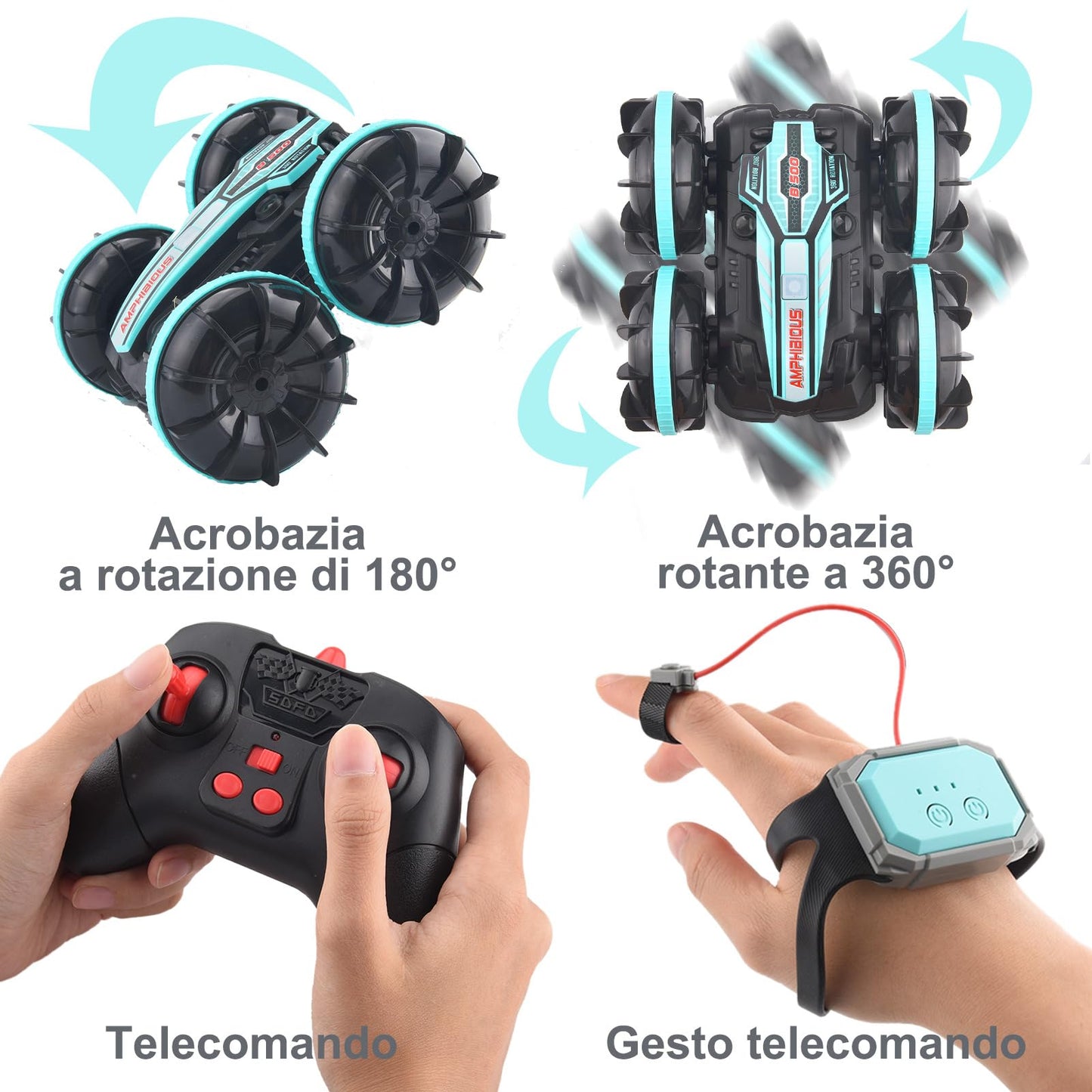 SIVQIKE 4WD Remote Control Car, Amphibious Remote Control Vehicle, Gesture Sensor Waterproof RC Stunt Car 80 Min. Playtime with 50m Remote Control 360° Rotation Off Road for Kids 6+ Years