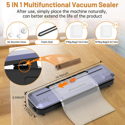 Housiwill Vacuum Sealer, 5-in-1 vacuum sealer with built-in cutter, food sealing machine for dry/moist food preservation mode, comes with 15 vacuum bags and 1 hose.