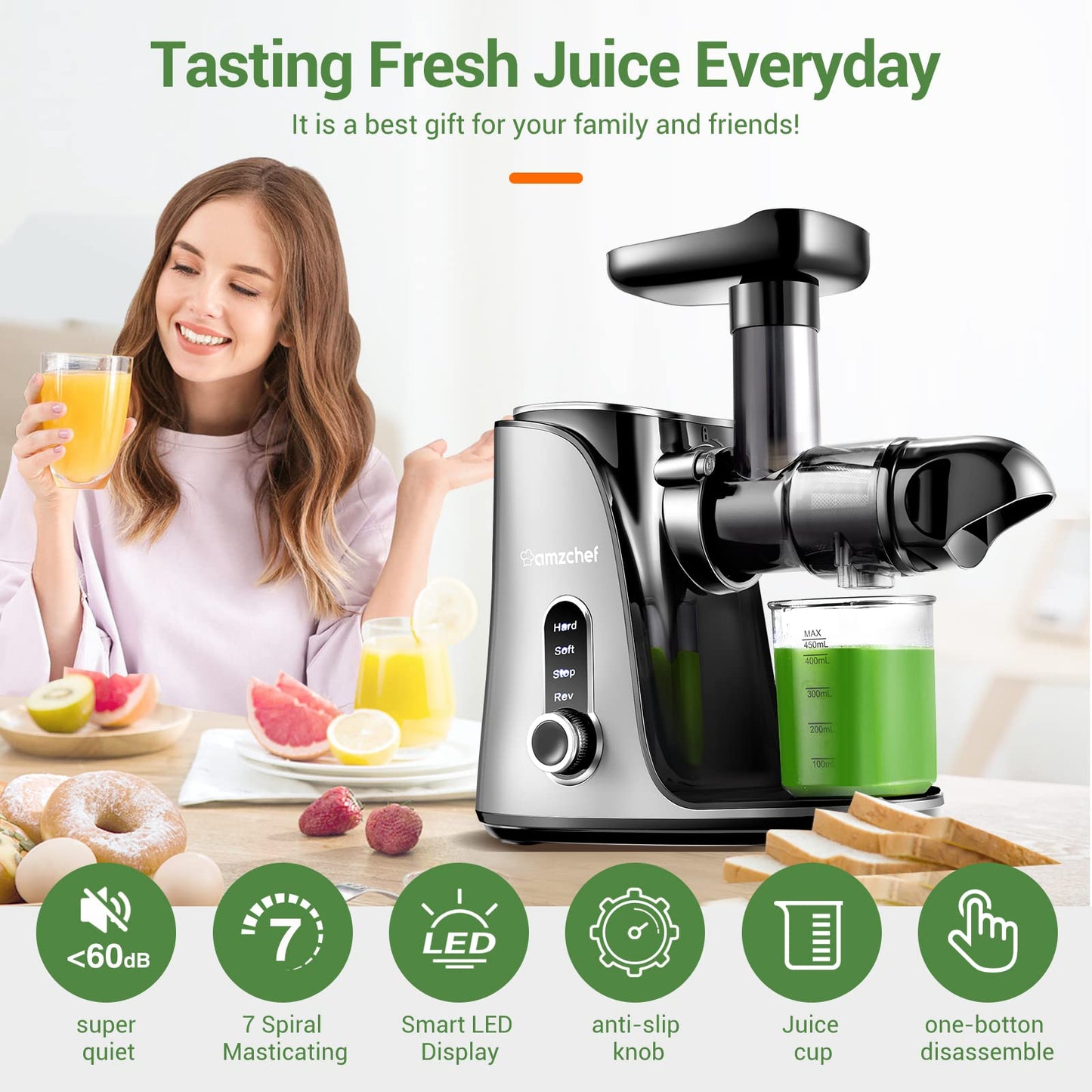 AMZCHEF Slow Juicer Vegetable and Fruit Juicer - 2 Speed Settings & High Juice Yield - Easy Disassembly with Reverse Function - Electric Juicer with Quiet Motor - Gray