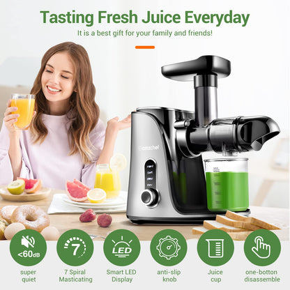 AMZCHEF Slow Juicer Vegetable and Fruit Juicer - 2 Speed Settings & High Juice Yield - Easy Disassembly with Reverse Function - Electric Juicer with Quiet Motor - Gray