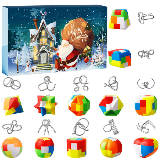 Advent calendar 2024 puzzle, 24 day Christmas countdown calendar puzzle with metal brain teasers for kids and adults challenge (plastic)