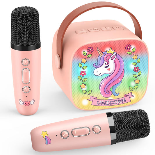 Disco light Karaoke Machine with 2 Bluetooth microphones for kids, unicorn gift for girls 3-12 years old. Portable karaoke microphone toy for kids aged 3-12, girls gift microphone for kids.