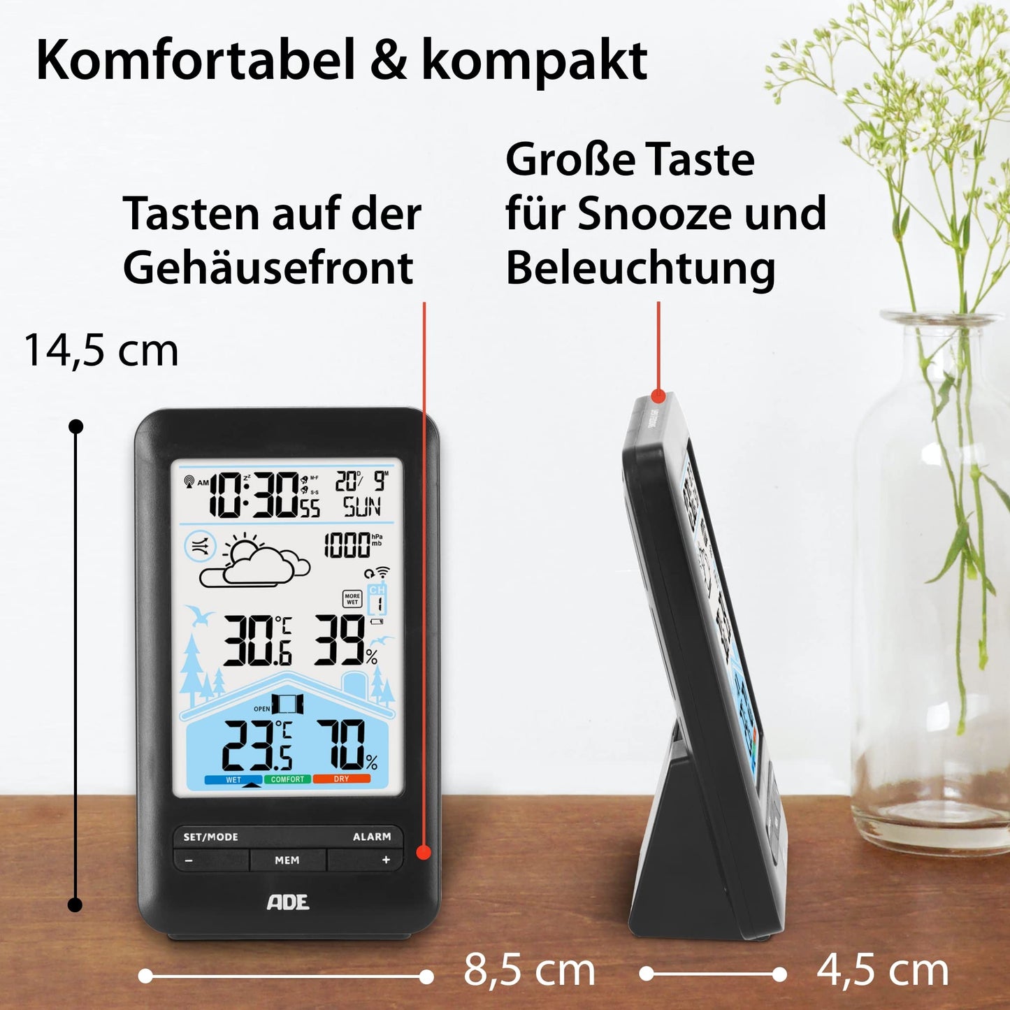 ADE weather station with radio control, outdoor sensor, and radio alarm clock. Includes ventilation recommendation, hygrometer, thermometer, 2 alarms, animated weather forecast, snooze function, and LCD color display.