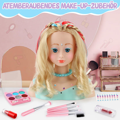 BuzzoXerex Styling Head Kid Set, 58 Piece Makeup Head for Girls Washable, Doll Head for Styling Kids with Hair Accessories and Cosmetics Birthday Christmas Gifts for 3 and up (Blue)