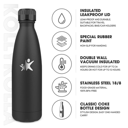KollyKolla Stainless Steel Kids Water Bottle, 500ml, Vacuum Insulated Thermos Flask, Leakproof Thermos Bottle, BPA-Free, Carbonated Water Compatible, for School, Office, Sports, Travel - Black