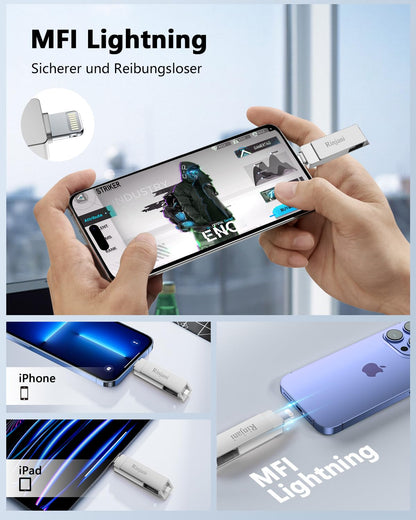 Rinjani USB Stick 512GB for iPhone Apple Certified, USB C Stick for iPhone 15/16, OTG Android Phone, iPad, Mac, Tablet, PC, USB 3.0 Memory Stick Photo Stick External SSD 3 in 1 MFi Lightning