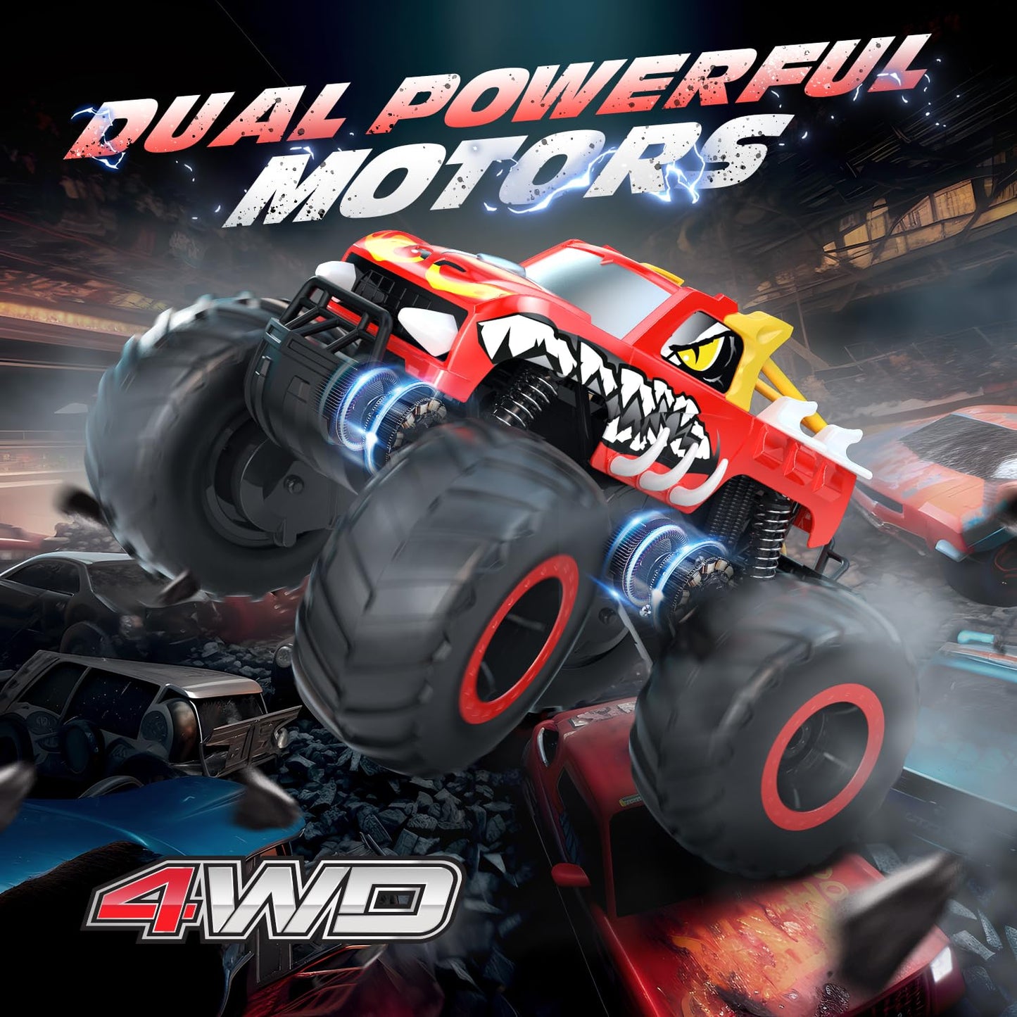 DEERC Amphibious Remote Control Car 1:16, 4WD Off-Road Monster Trucks in Fire Dragon Design with 2 batteries for land and water, 360 degree rotation, perfect gift for kids aged 6,7,8,9,10+ years.