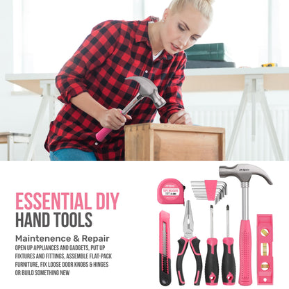 Hi-Spec 58 piece tool set in pink. Cordless drill toolbox tool kit: Tool case filled with 8V cordless drill - tools for women household workshop DIY.