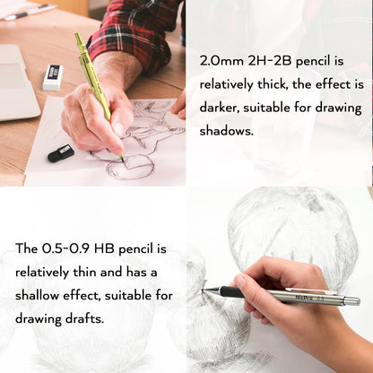 Nicpro 6 Piece Metal Mechanical Pencil Set with Case, Golden Pencils 0.5 & 0.7 & 0.9 & 2.0 mm Mechanical Pencil (2B HB 2H) with 12 Tubes of Lead, for Writing, Sketching, and Drawing