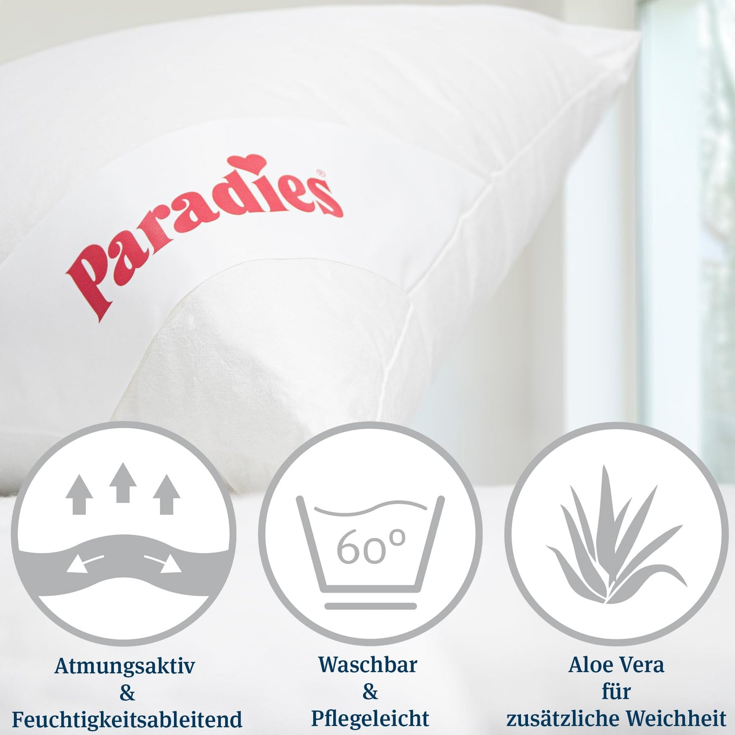 Paradise pillow 80x80 cm with zipper - Softy Top Bio medium with Aloe Vera, medium-firm sleeping pillow, vegan pillow, Öko-Tex 100 Class 1.
