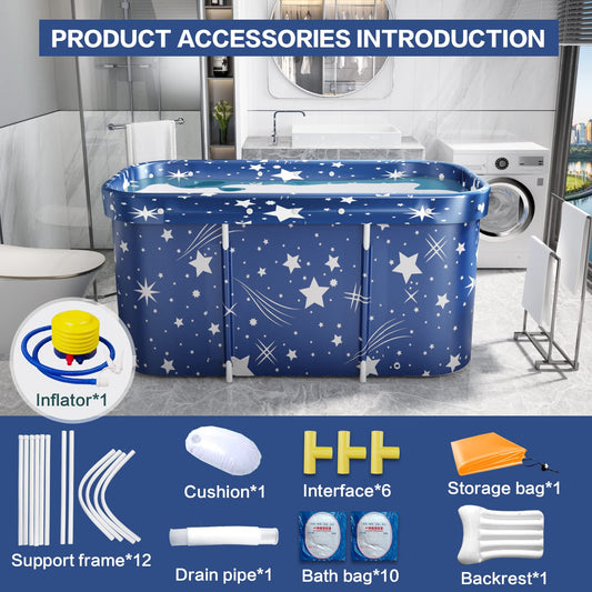 Adoture Folding Bathtub for Adults, Portable Plastic Bath Tub for Kids, Mobile Spa Bathtubs for Adults with Drain and Backrest, and 10 Bath Pockets
