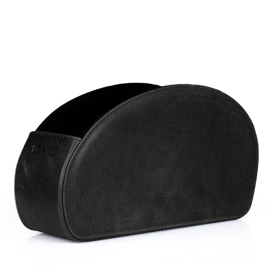 London Remote Control Holder with 5 pockets - space for DVD, Blu-Ray, TV, or Apple TV remotes - Italian genuine leather with suede lining - slim compact for living room storage.
