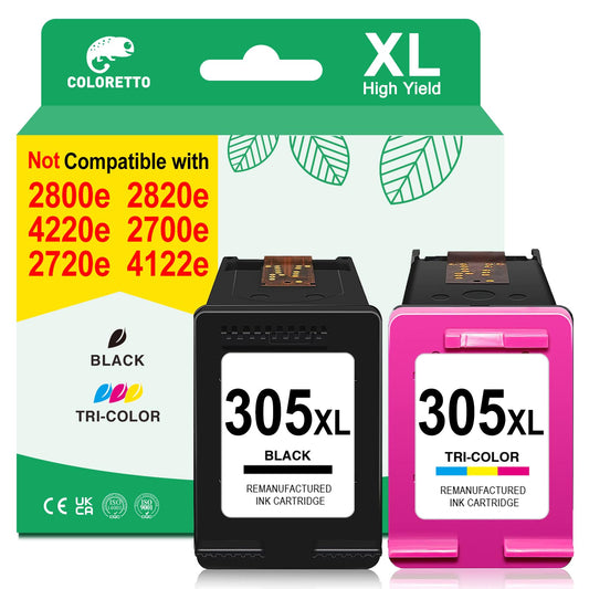 COLORETTO printer cartridges for HP 305 for HP Envy 6000 cartridges for HP Envy 6020e cartridges 6020 6420e 6420 6010e 6010 6455e Envy pro 6432e (1 Black and 1 Color) for HP 305 printer cartridges XL