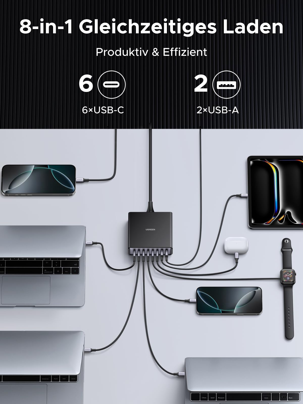 UGREEN USB C Charger 200W GaN Power Adapter 8-Port Desktop Charging Station PD Charger 100W Fast Charger PPS compatible with MacBook Pro/Air, iPhone Series, Galaxy Series, and more.
