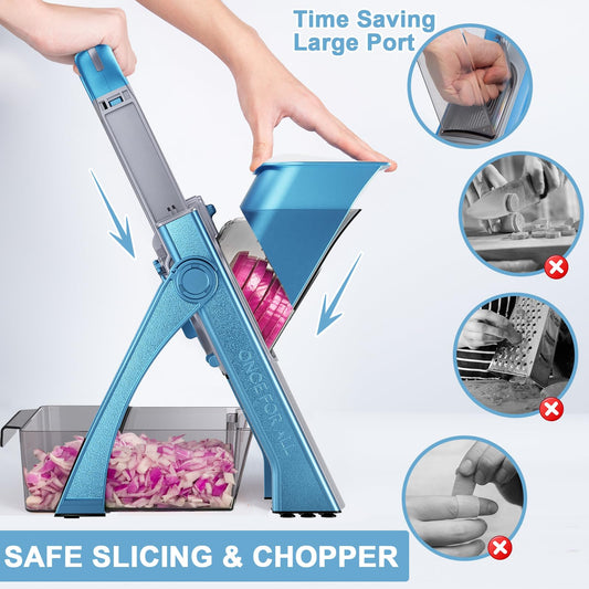 QYKIC Vegetable Cutter, ONCE FOR ALL Adjustable Vegetable Slicer Genius Mandoline Vegetable Slicer Potato Slicer Onion Slicer (Blue)