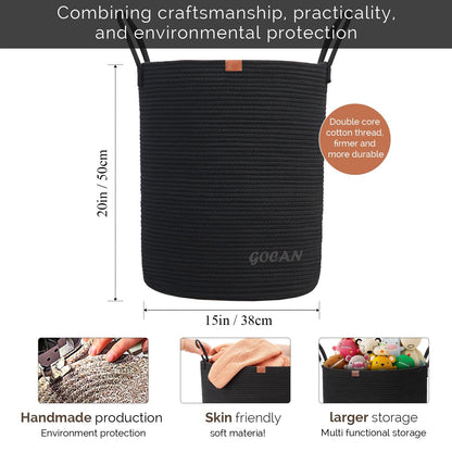 GOCAN Large High Sturdy Laundry Hamper Basket Woven Storage Baskets for Clothes Pillows Blankets Toys in Living or Bedroom Decoration H50XT38cm Black