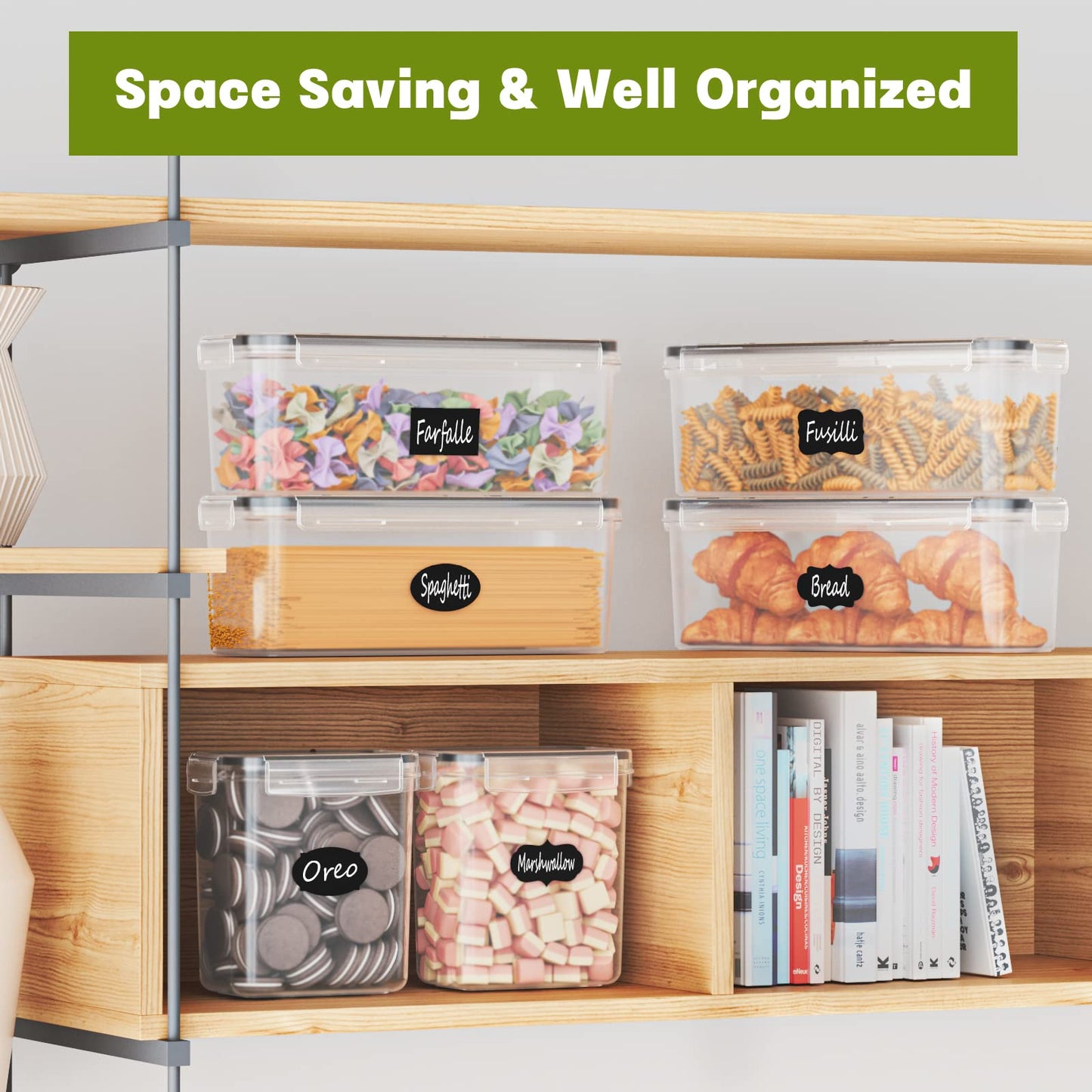 Without Set of 6 airtight storage containers, kitchen storage box with plastic lids, 2.3L spaghetti storage pasta container for noodles cereal cornflakes (2.3L 1.6L)