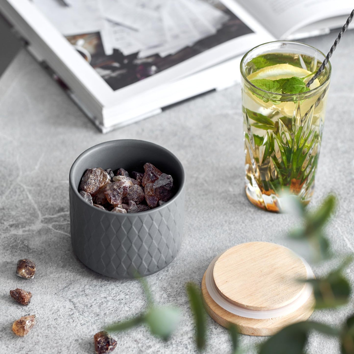 SPRINGLANE Ceramic Storage Jars 2-piece Set with Wood Lid Gray, Rubberwood Lid, Storage Containers, Fresh-keeping Jars