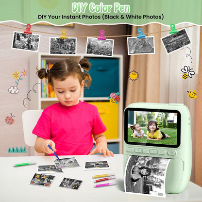 Gofunly instant camera for kids, 3.0 inch screen children's camera with 32GB card & printing paper, 14MP/1080P kids instant print camera, gift for 3-12 years old (Green)