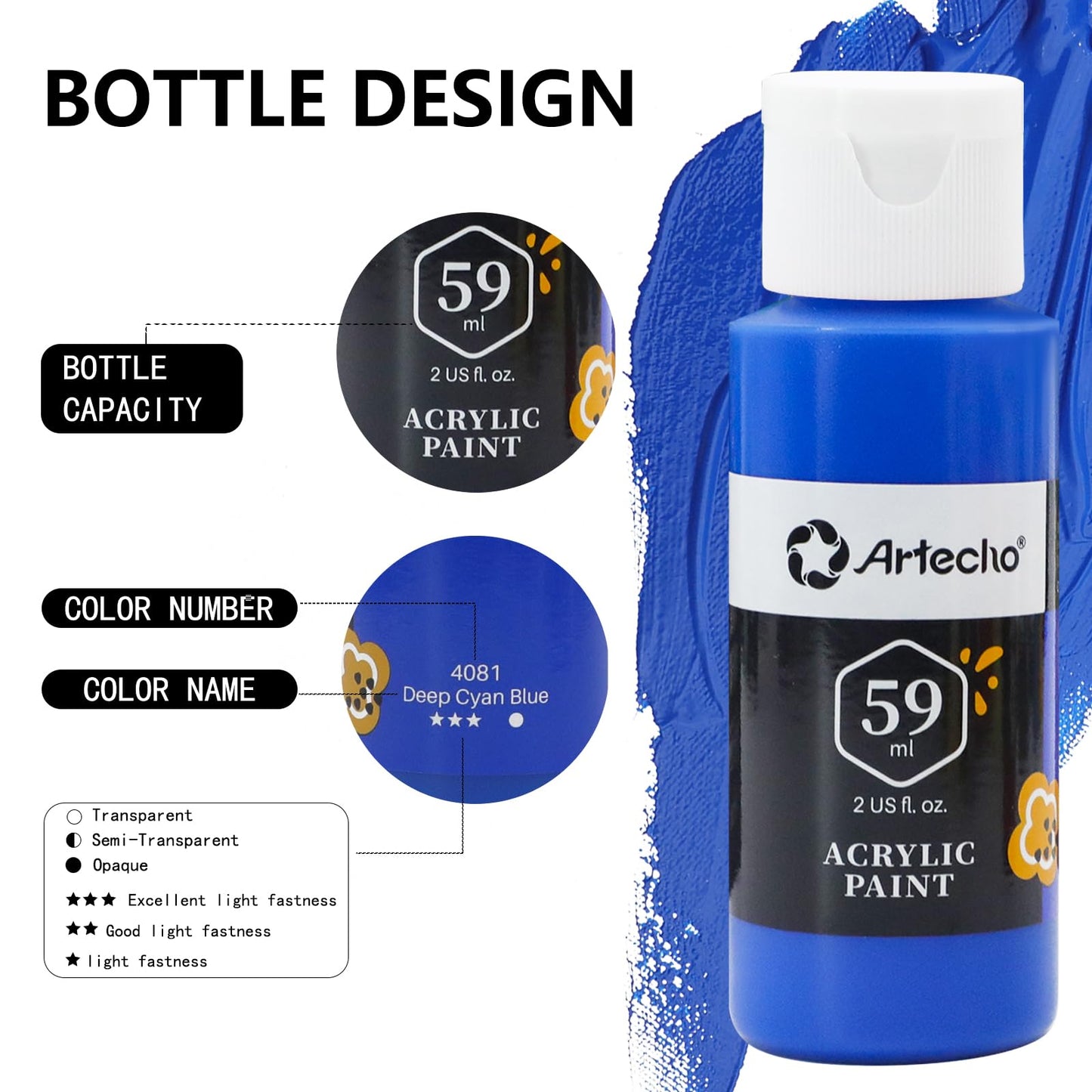 Artecho Acrylic Paint Set 18 x 59ml with 10 brushes, Waterproof and Lightfast Acrylic Paints, Non-toxic, Ideal for Canvas, Paper, and Fabrics, Suitable for Beginners and Professionals