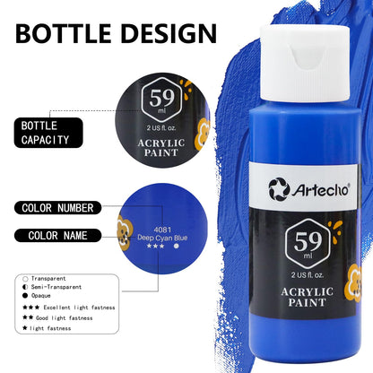 Artecho Acrylic Paint Set 18 x 59ml with 10 brushes, Waterproof and Lightfast Acrylic Paints, Non-toxic, Ideal for Canvas, Paper, and Fabrics, Suitable for Beginners and Professionals