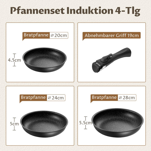 Fadware induction pan set with 20, 24, and 28 cm non-stick frying pans. Removable handle, suitable for all hob types. PFOA and PFAS free, oven safe, easy to clean, great for camping.