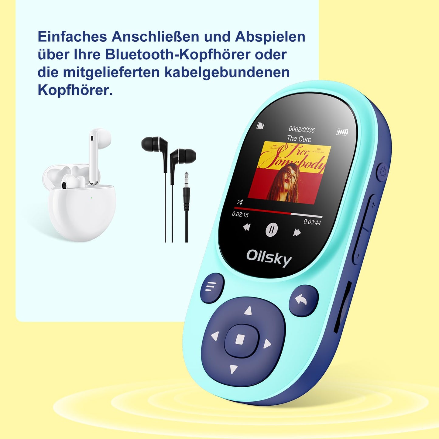 64GB Bluetooth MP3 player, Oilsky Clip-on Mp3 player for sports, mini portable music player for kids with FM radio, recording, pedometer, includes earphones.