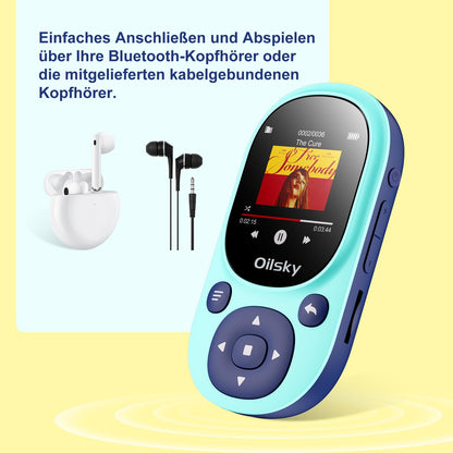 64GB Bluetooth MP3 player, Oilsky Clip-on Mp3 player for sports, mini portable music player for kids with FM radio, recording, pedometer, includes earphones.