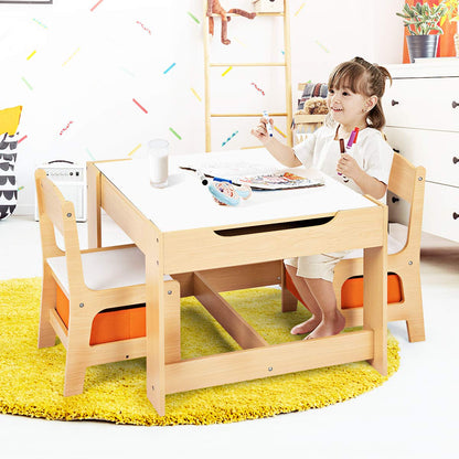 DREAMADE Multifunctional Kids Table Set, Children's Table with 2 Chairs & 2 Storage Boxes for extra space, removable tabletop with chalkboard for drawing, 3-piece Children's Furniture Set (Natural)